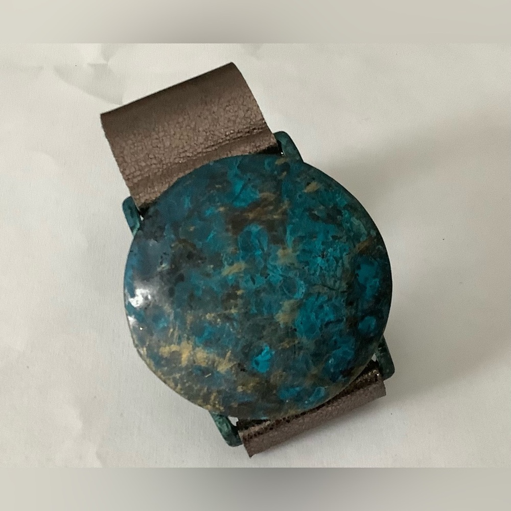 Faux leather cuff bracelet with rustic blue patina brass metallic disc. New.